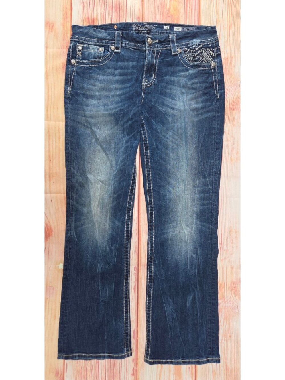 Miss Me Womens Mid-Rise Easy Boot Jeans Size 32 (35x32) Embellished Pockets